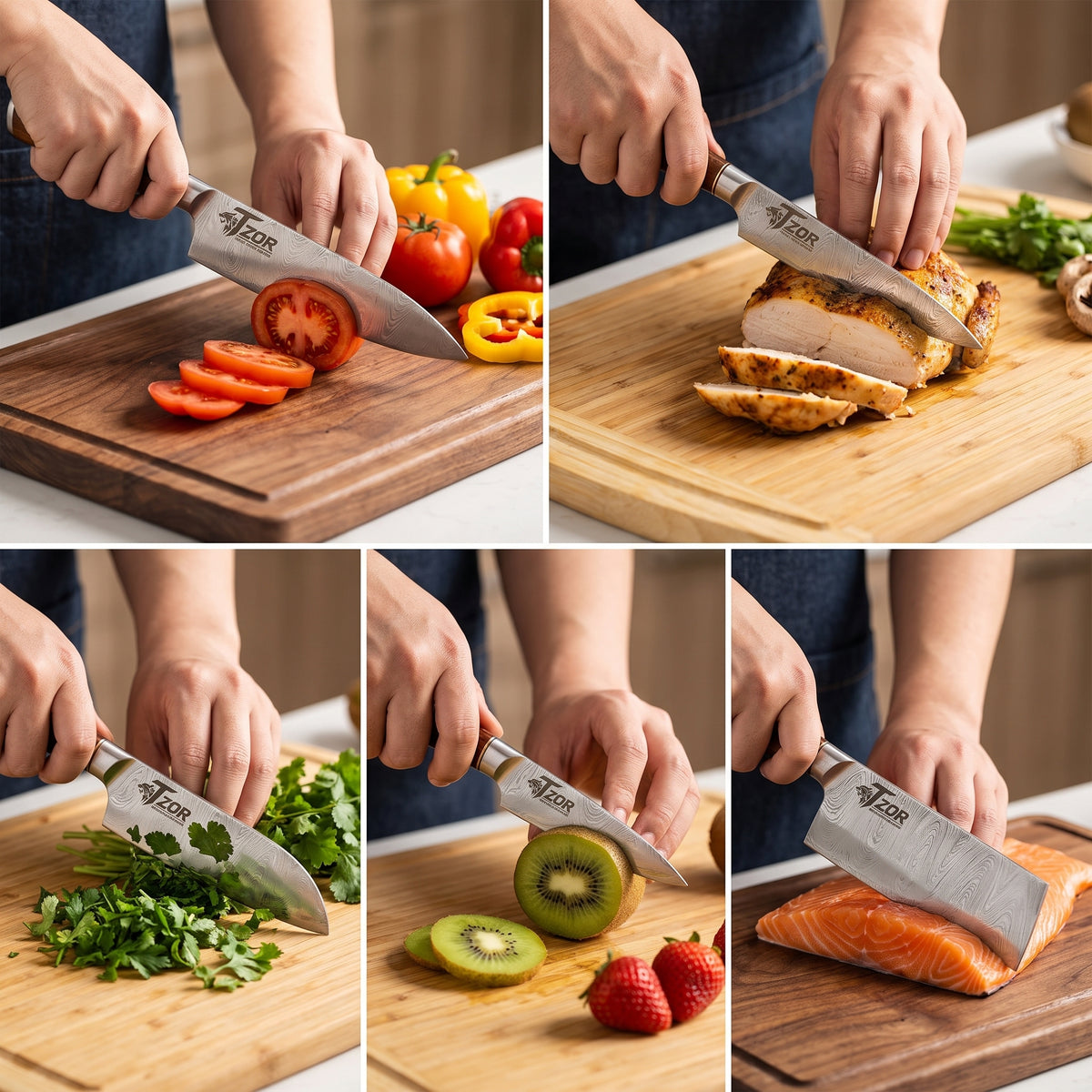 Japanese Damascus Steel 5PCS Chef Knife Set with Wooden Handles
