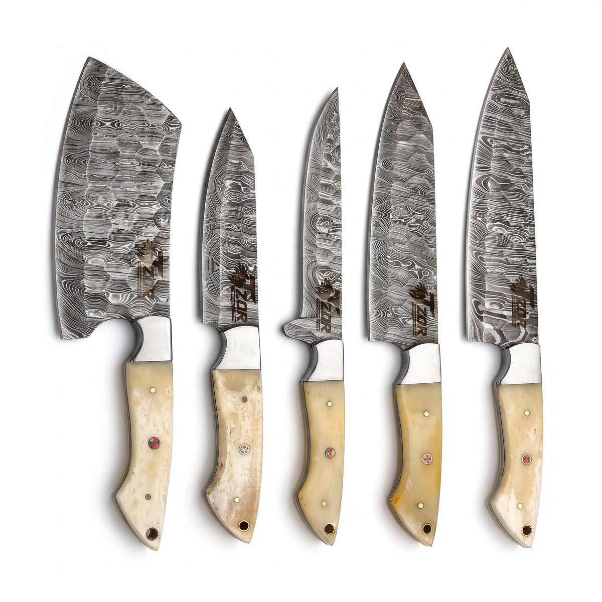 Handmade Damascus Steel 5-Piece Knife Set with Bone Handle