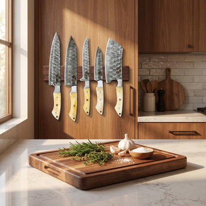 Handmade Damascus Steel 5-Piece Knife Set with Bone Handle