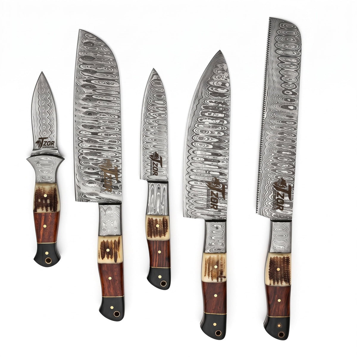 Damascus Steel 5-Piece Chef Knife Set with Leather Roll & Faux Stag Handle