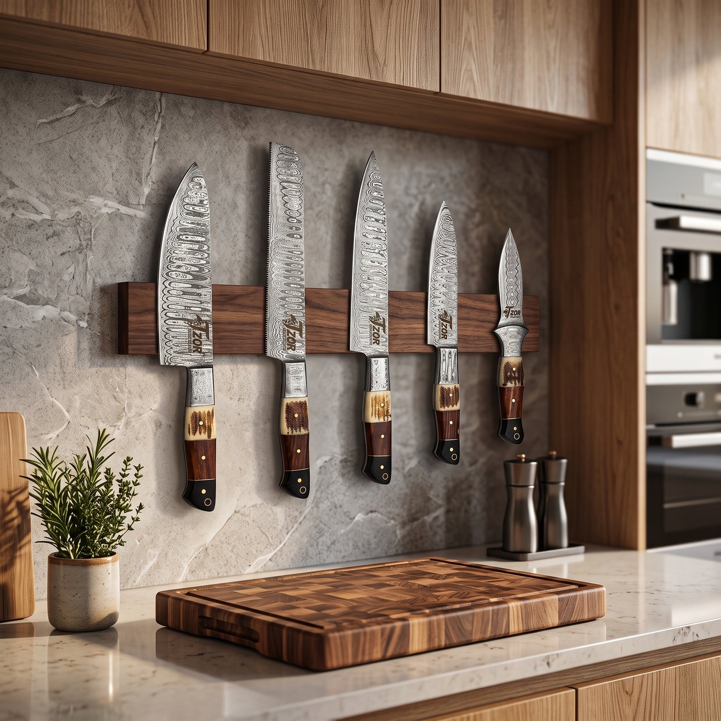 Damascus Steel 5-Piece Chef Knife Set with Leather Roll & Faux Stag Handle