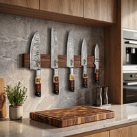 Damascus Steel 5-Piece Chef Knife Set with Leather Roll & Faux Stag Handle