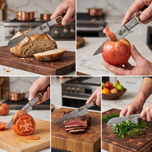 Damascus Steel 5-Piece Chef Knife Set with Leather Roll & Faux Stag Handle